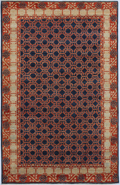 6x9 Ft Oriental Area Rug, Blue Red Afghan Hand Knotted Wool Traditional Rectangle Carpet, Rug For Living Room, Bedroom Rug, Dining Table Rug