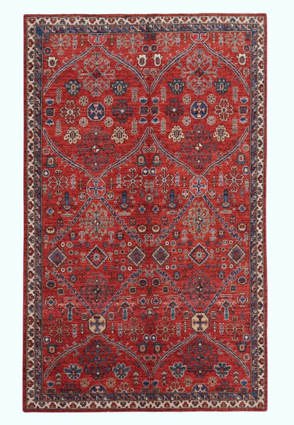 5x8 ft Red Oriental Area Rug, Afghan Hand Knotted Wool Traditional Rectangle Carpet, Rugs For Living Room, Bedroom Rug, Dining Table Rug