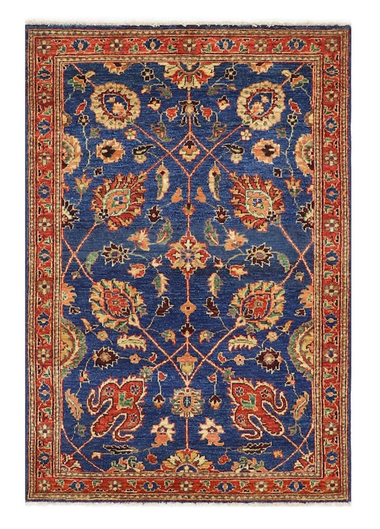 3x5 ft Floral Small Area Rug, Blue Red Afghan Hand Knotted Wool Traditional Rectangle Carpet, Rugs For Entryway, Kitchen Rug, Bathroom Rug