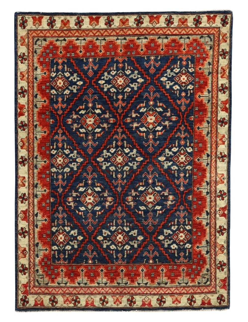 3x5 Ft Oriental Small Area Rug, Blue Red Afghan Hand Knotted Wool Traditional Rectangle Carpet, Rugs For Entryway, Kitchen Rug, Bathroom Rug