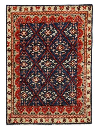 3x5 Ft Oriental Small Area Rug, Blue Red Afghan Hand Knotted Wool Traditional Rectangle Carpet, Rugs For Entryway, Kitchen Rug, Bathroom Rug