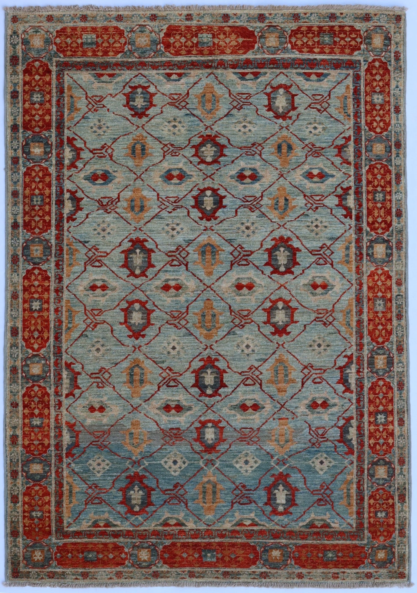 4x6 Ft Oriental Area Rug, Blue Red Afghan Hand Knotted Wool Traditional Rectangle Carpet, Rugs For Living Room, Bedroom Rug, Entryway Rug