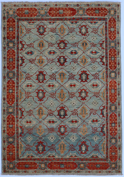 4x6 Ft Oriental Area Rug, Blue Red Afghan Hand Knotted Wool Traditional Rectangle Carpet, Rugs For Living Room, Bedroom Rug, Entryway Rug