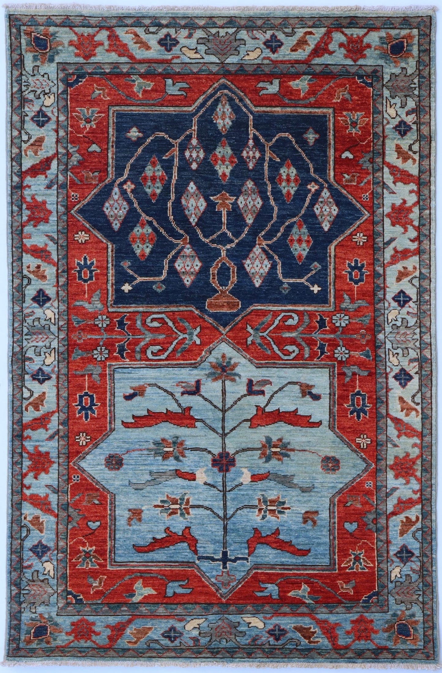 4x6 Ft Oriental Area Rug, Blue Red Afghan Hand Knotted Wool Traditional Rectangle Carpet, Rugs For Living Room, Bedroom Rug, Entryway Rug