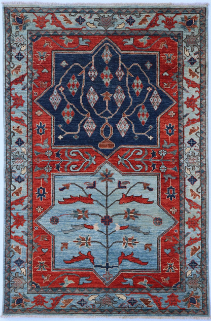 4x6 Ft Oriental Area Rug, Blue Red Afghan Hand Knotted Wool Traditional Rectangle Carpet, Rugs For Living Room, Bedroom Rug, Entryway Rug