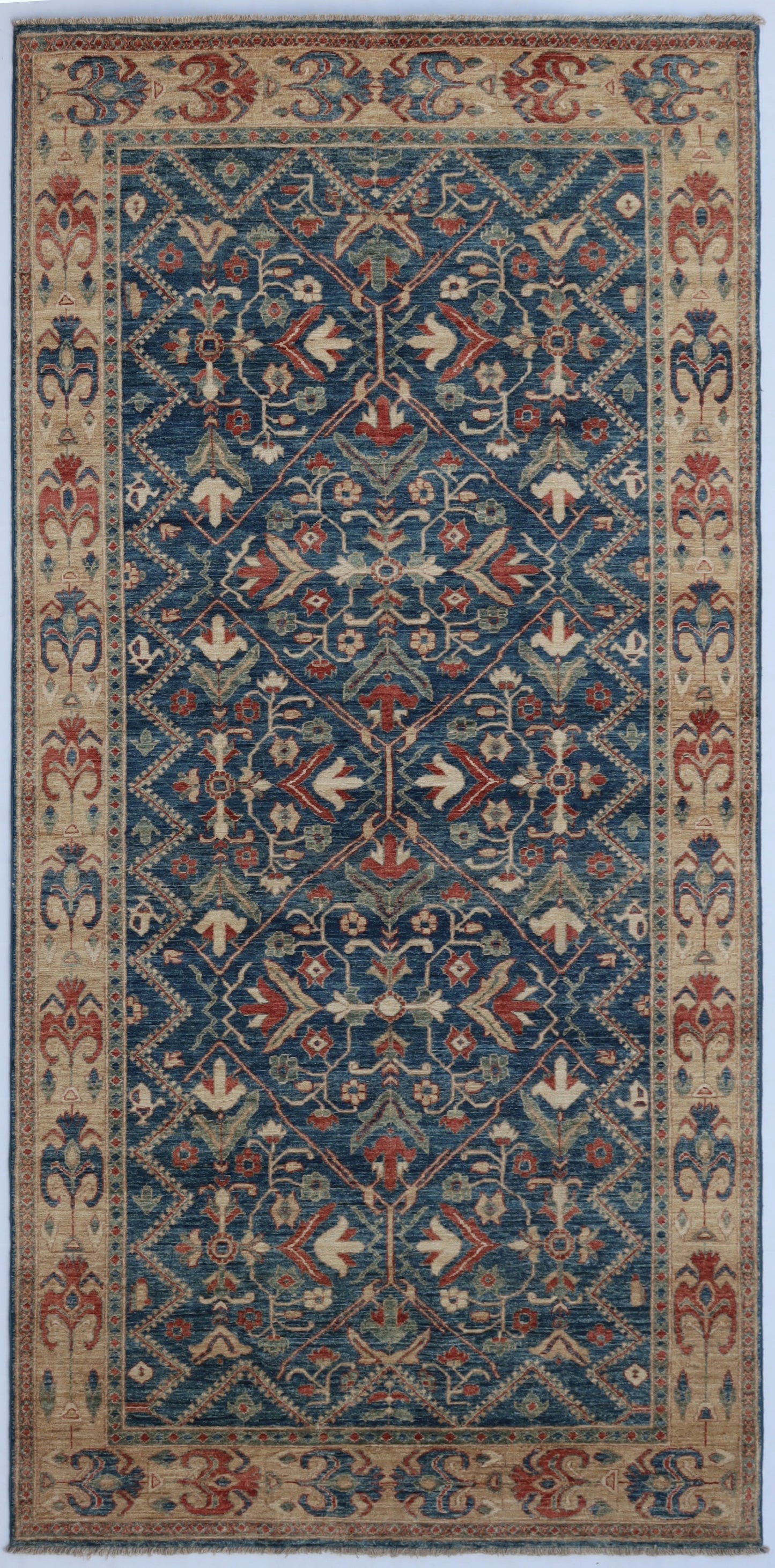 5x10 Ft Oriental Area Rug, Blue Afghan Hand Knotted Wool Traditional Rectangle Carpet, Rugs For Living Room, Bedroom Rug, Dining Table Rug