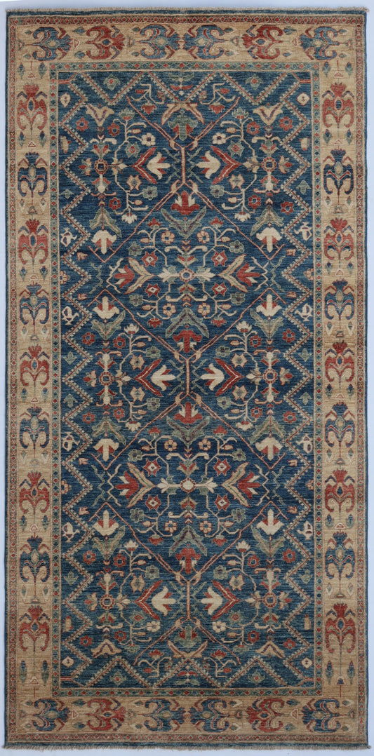 5x10 Ft Oriental Area Rug, Blue Afghan Hand Knotted Wool Traditional Rectangle Carpet, Rugs For Living Room, Bedroom Rug, Dining Table Rug