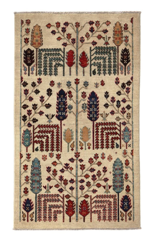 3x5 ft Tree Tribal Small Area Rug, Beige Afghan Hand Knotted Wool Traditional Rectangle Carpet, Rugs For Entryway, Kitchen Rug, Bathroom Rug