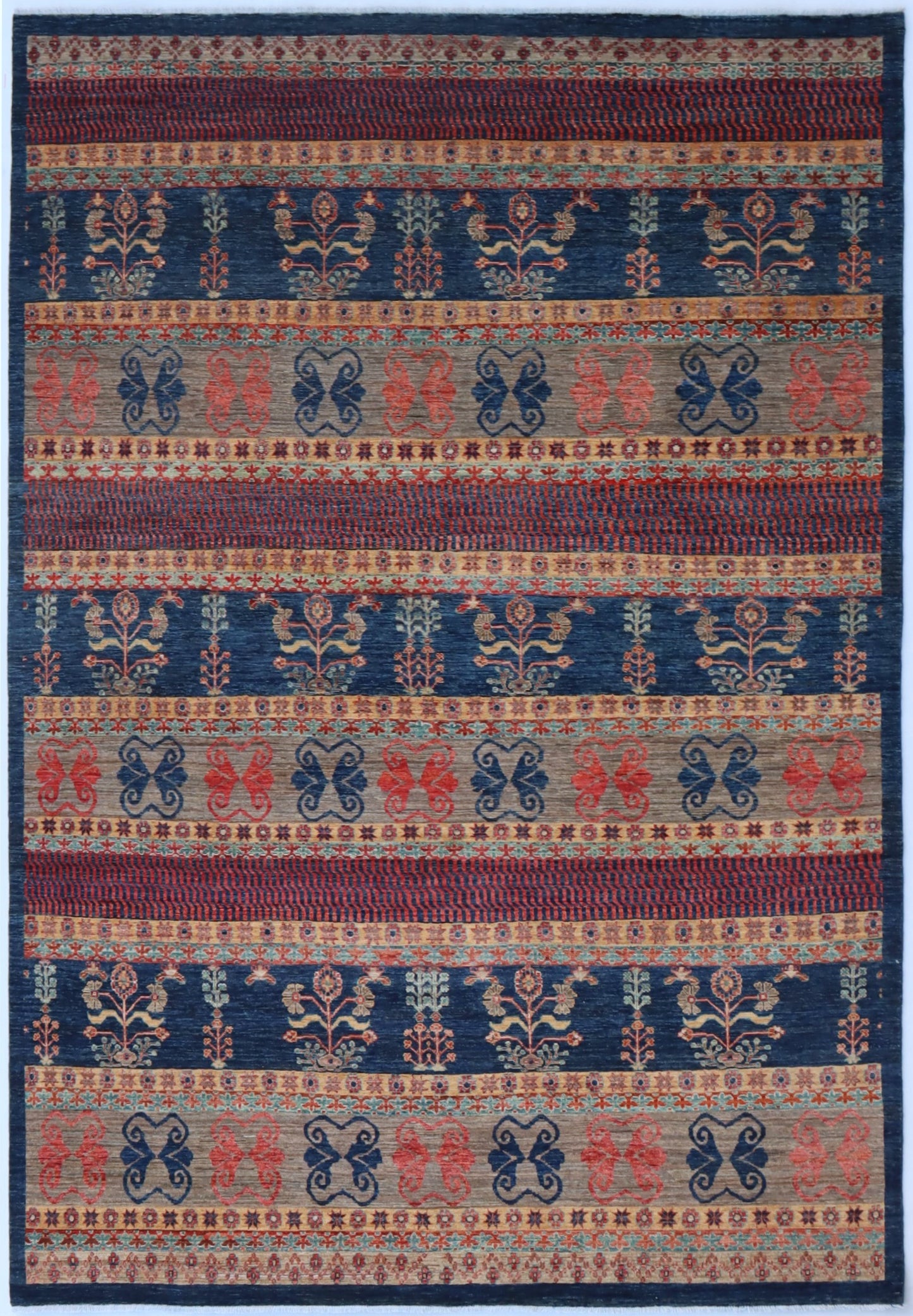 8x11 Ft Striped Gabbeh Area Rug, Blue Afghan Hand Knotted Wool Traditional Rectangle Carpet, Living Room Rug, Bedroom Rug, Dining Table Rug