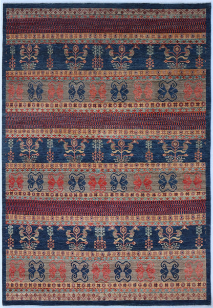 8x11 Ft Striped Gabbeh Area Rug, Blue Afghan Hand Knotted Wool Traditional Rectangle Carpet, Living Room Rug, Bedroom Rug, Dining Table Rug