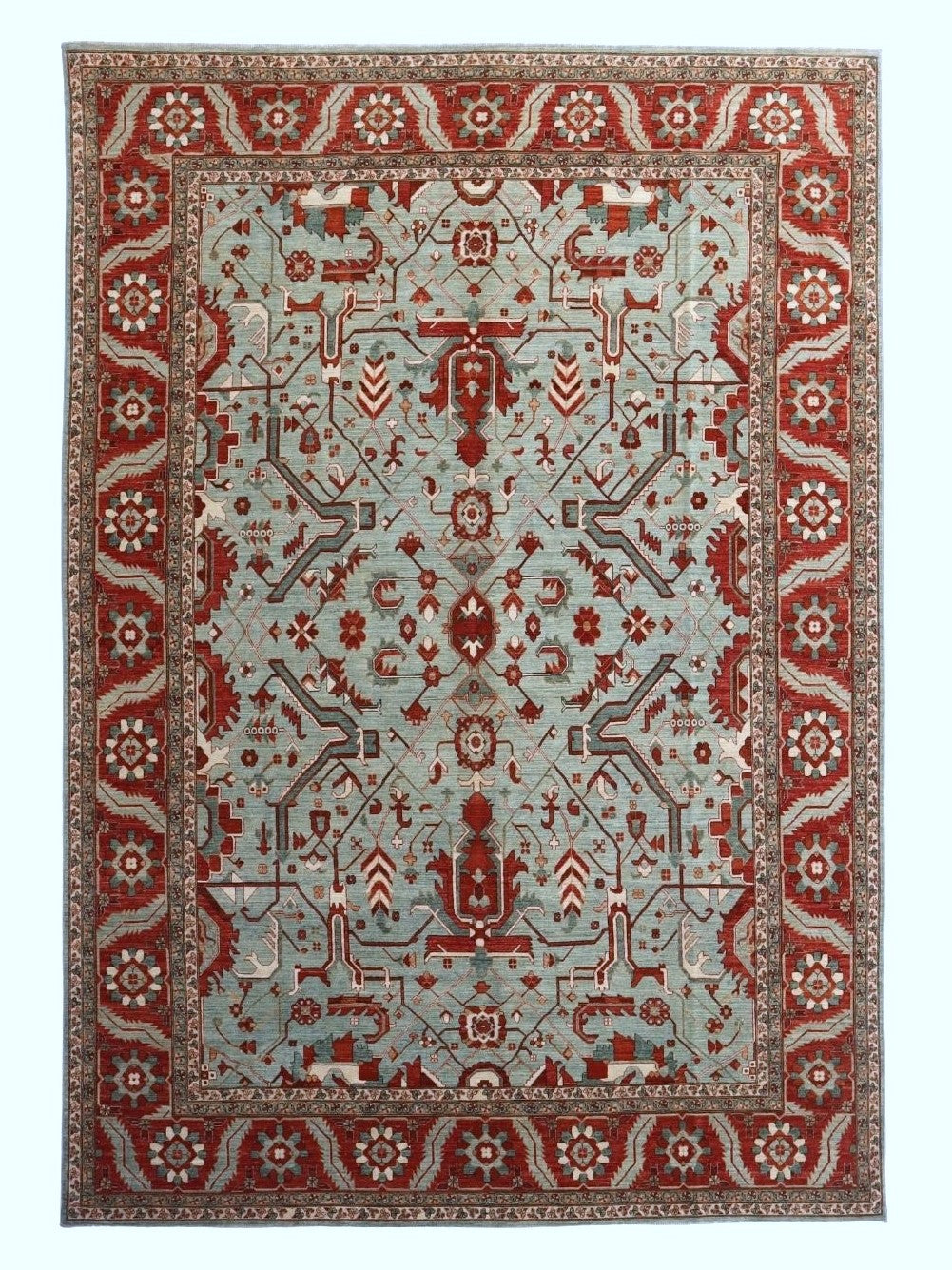 9x12 Ft Oriental Area Rug, Light Blue/Rust Red Afghan Hand Knotted Wool Traditional Carpet, Rugs For Living Room, Bedroom Rug, Large Rug