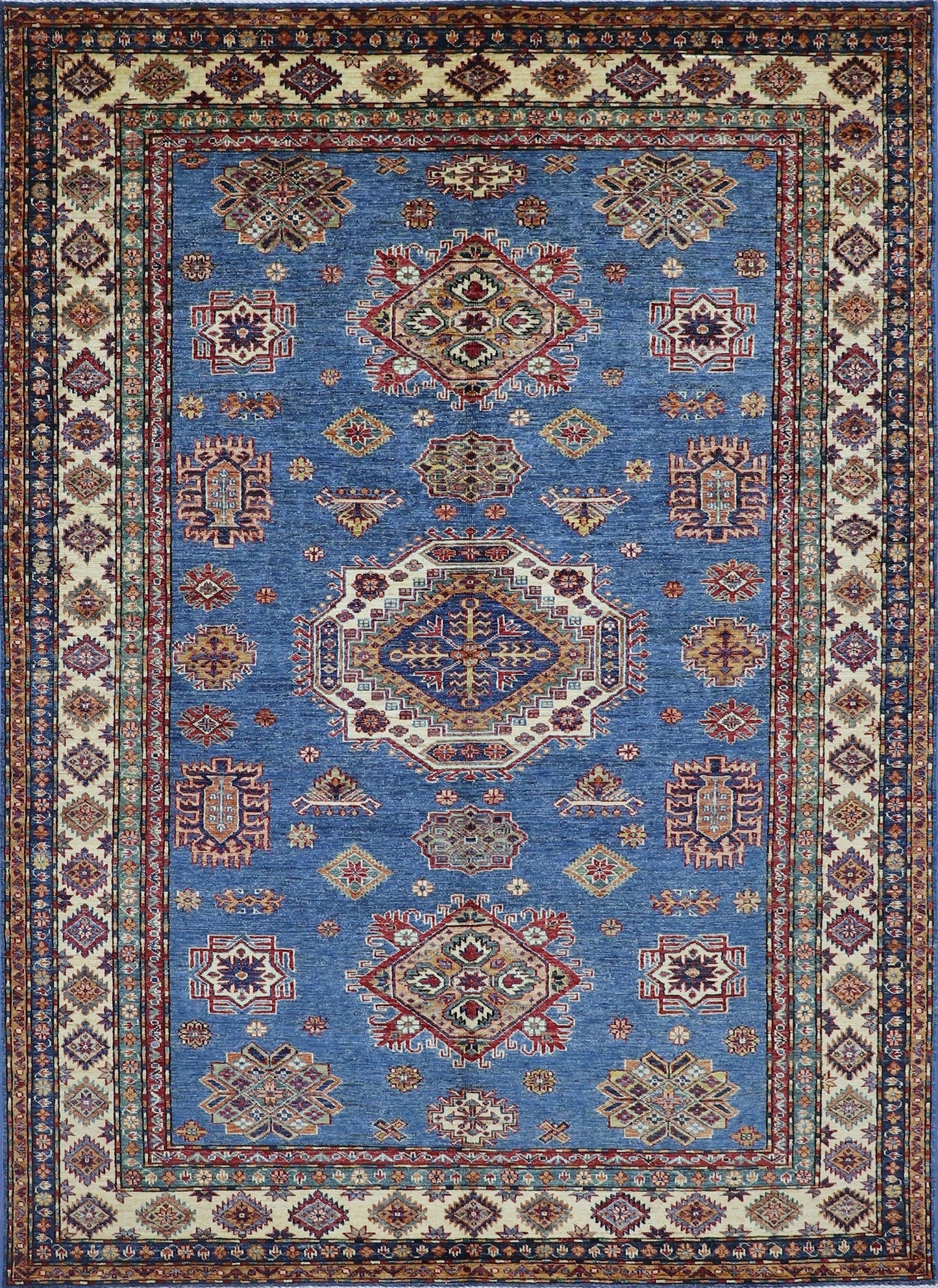 6x9 ft Oriental Kazak Area Rug, Blue Afghan Hand Knotted Wool Traditional Rectangle Carpet, Living Room Rug, Bedroom Rug, Dining Table Rug