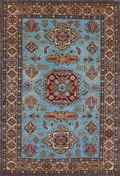 4x6 Ft Kazak Oriental Area Rug, Blue Afghan Hand Knotted Wool Traditional Carpet, Rug For Living Room, Bedroom Rug, Office Rug, Entryway Rug