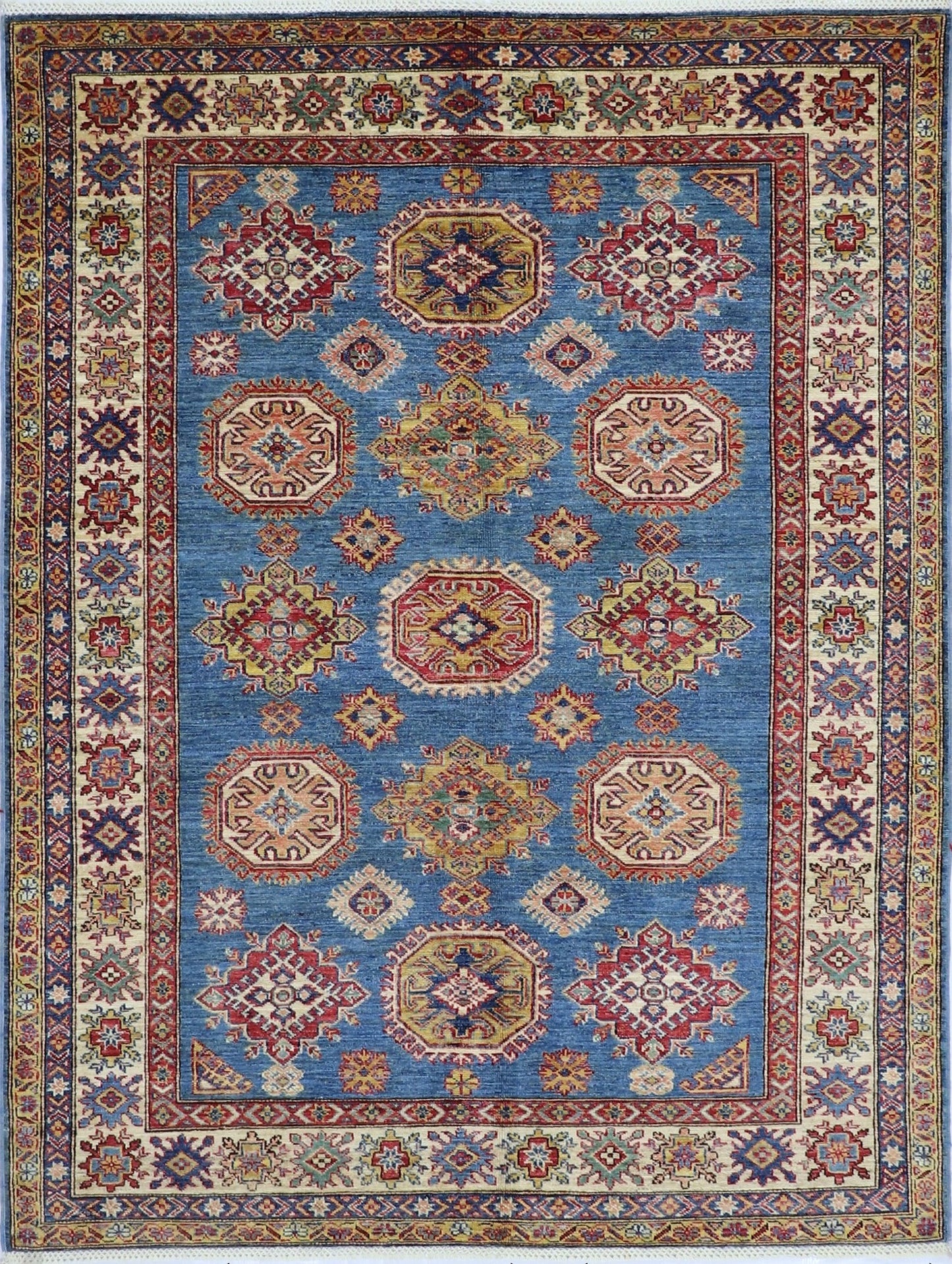 5x7 Ft Oriental Kazak Area Rug, Blue Afghan Hand Knotted Wool Traditional Rectangle Carpet, Rugs For Living Room, Bedroom Rug, Entryway Rug