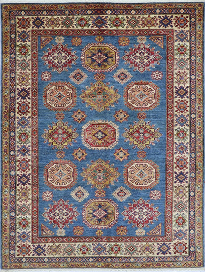 5x7 Ft Oriental Kazak Area Rug, Blue Afghan Hand Knotted Wool Traditional Rectangle Carpet, Rugs For Living Room, Bedroom Rug, Entryway Rug