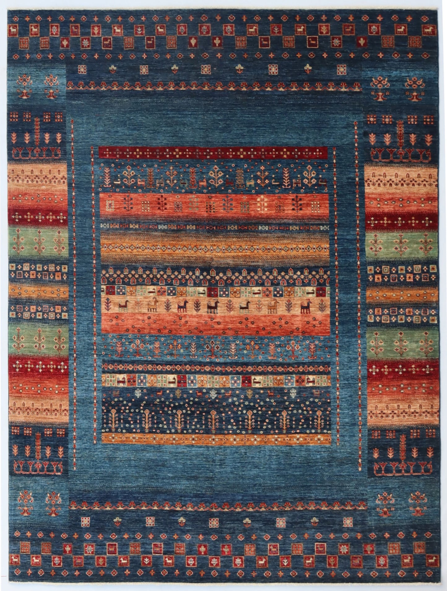 8x10 Ft Gabbeh Tribal Area Rug, Blue Afghan Hand Knotted Wool Traditional Rectangle Carpet, Living Room Rug, Bedroom Rug, Dining Table Rug