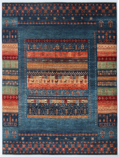 8x10 Ft Gabbeh Tribal Area Rug, Blue Afghan Hand Knotted Wool Traditional Rectangle Carpet, Living Room Rug, Bedroom Rug, Dining Table Rug