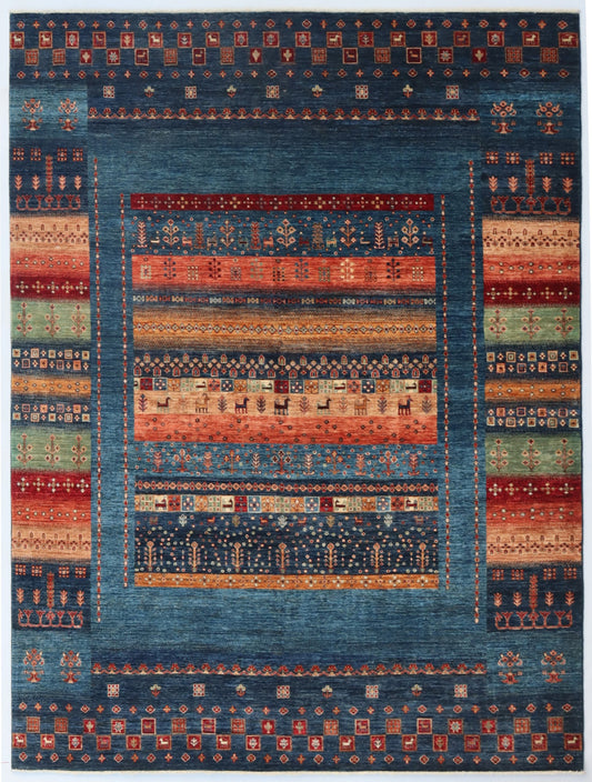 8x10 Ft Gabbeh Tribal Area Rug, Blue Afghan Hand Knotted Wool Traditional Rectangle Carpet, Living Room Rug, Bedroom Rug, Dining Table Rug