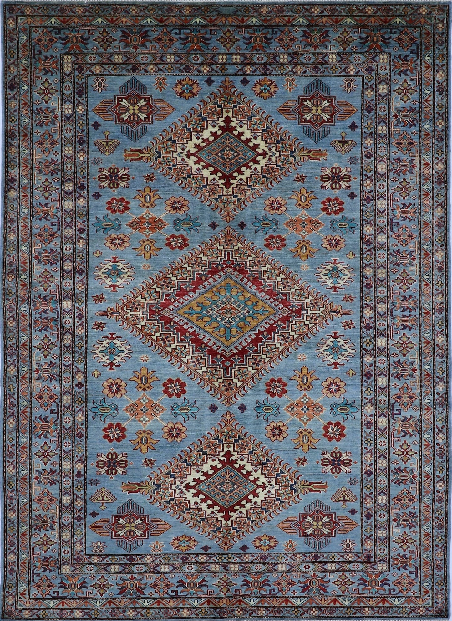 6x9 ft Geometric Oriental Area Rug, Blue Red Afghan Hand Knotted Wool Traditional Rectangle Carpet, Rugs For Living Room, Dining Table Rug