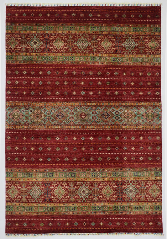 7x10 Ft Red Khorjin Area Rug, Afghan Hand Knotted Wool Traditional Rectangle Area Carpet, Rug For Living Room, Bedroom Rug, Dining Table Rug