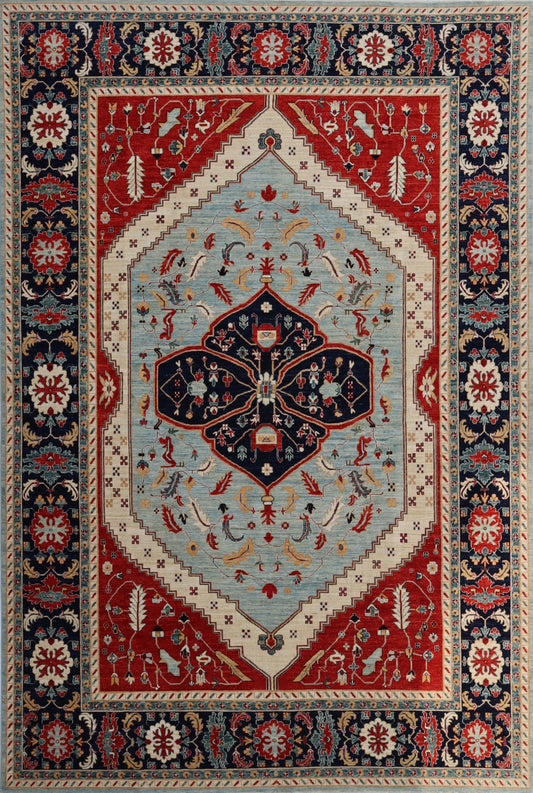 10x14 Ft Medallion Heriz Large Area Rug, Blue Persian Hand Knotted Wool Traditional Carpet, Living Room Rug, Bedroom Rug, Dining Table Rug