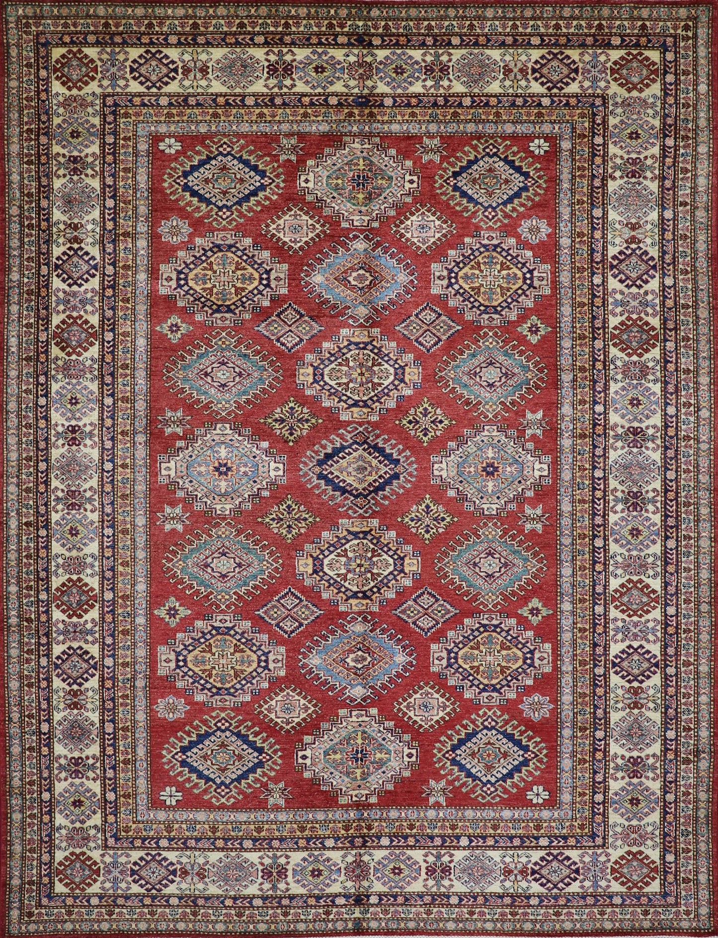 7x10 Ft Oriental Kazak Area Rug, Red Afghan Hand Knotted Wool Traditional Rectangle Carpet, Living Room Rug, Bedroom Rug, Dining Table Rug