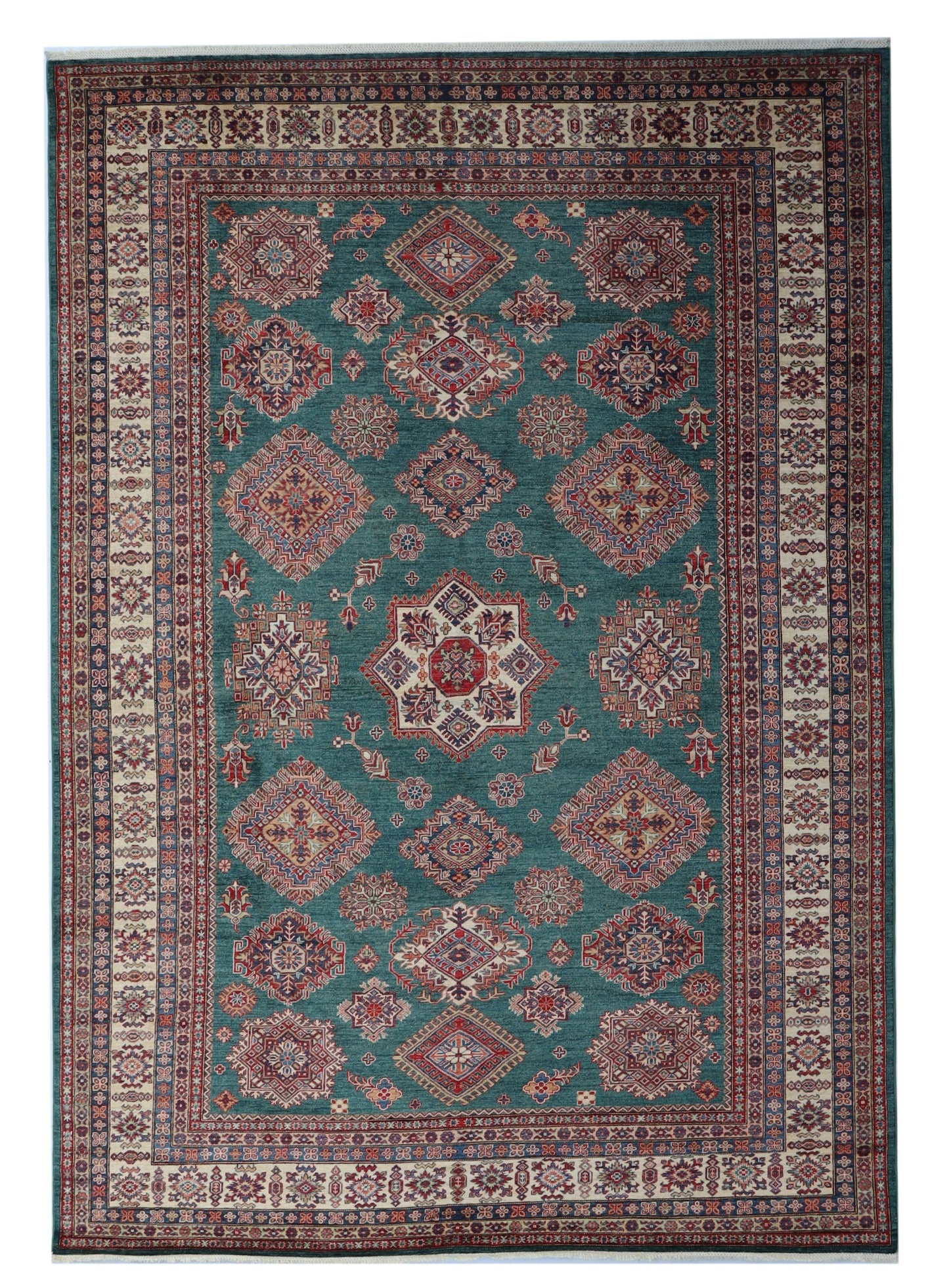 9x12 Ft Green Kazak Oriental Large Area Rug, Afghan Hand Knotted Wool Rectangle Carpet, Rugs For Living Room, Bedroom Rug, Dining Table Rug