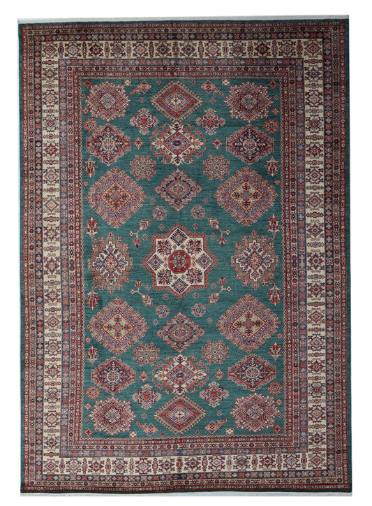 9x12 Ft Green Kazak Oriental Large Area Rug, Afghan Hand Knotted Wool Rectangle Carpet, Rugs For Living Room, Bedroom Rug, Dining Table Rug