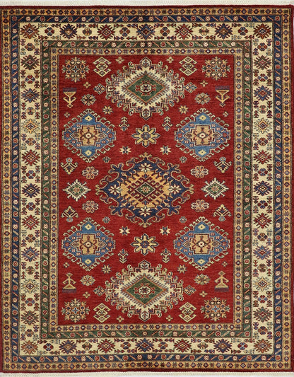 5x7 ft Kazak Oriental Area Rug, Red Afghan Hand Knotted Low Pile Wool Traditional Carpet, Rugs For Living Room, Bedroom Rug, Kids Room Rug