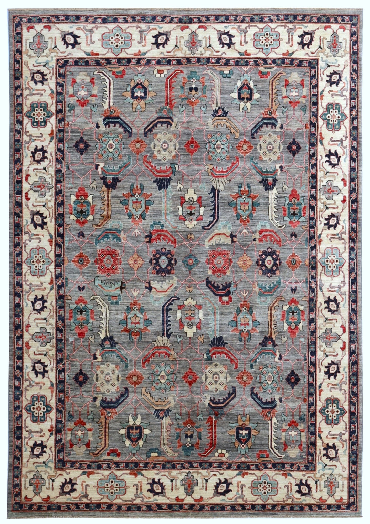 9x12 ft Oriental Area Rug, Gray Afghan Hand Knotted Wool Traditional Rectangle Carpet, Rugs For Living Room, Bedroom Rug, Dining Table Rug