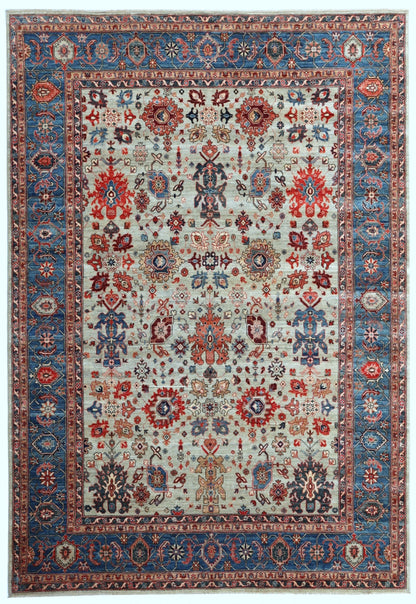 9x12 ft Harshang Bidjar Area Rug, Blue Beige Afghan Hand Knotted Wool Traditional Carpet, Rugs For Living Room, Bedroom Rug,Dining Table Rug