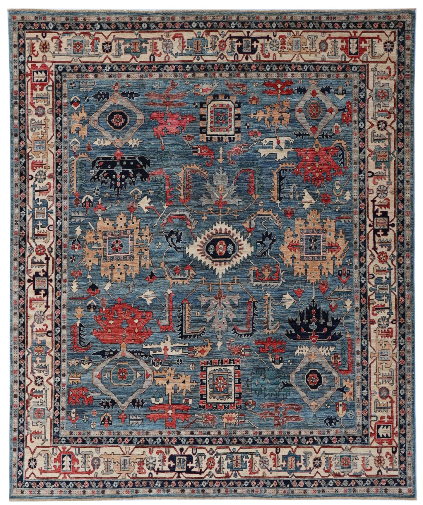 10x11 ft Oriental Square Area Rug, Blue Beige Afghan Hand Knotted Wool Traditional Rectangle Carpet, Rugs For Living Room, Bedroom Rug,