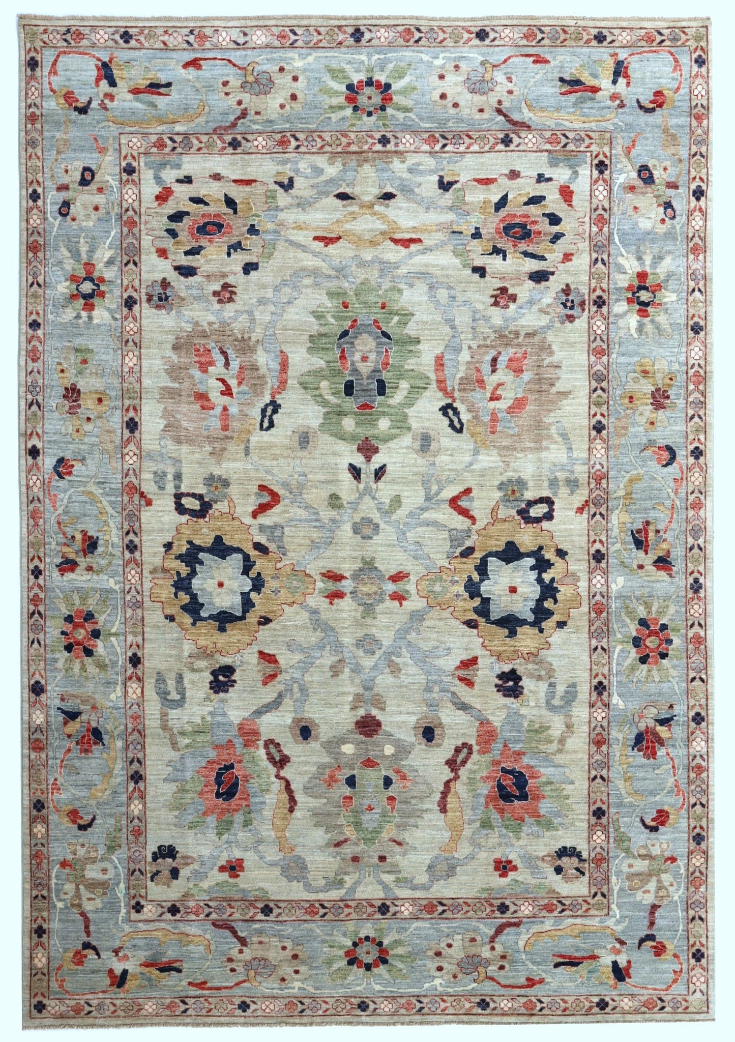 9x12 ft Floral Bidjar Area Rug, Beige Blue Afghan Hand Knotted Wool Traditional Rectangle Carpet, Rugs For Living Room, Bedroom Area Rug