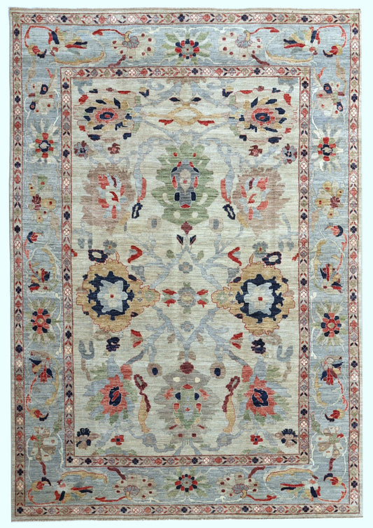 9x12 ft Floral Bidjar Area Rug, Beige Blue Afghan Hand Knotted Wool Traditional Rectangle Carpet, Rugs For Living Room, Bedroom Area Rug