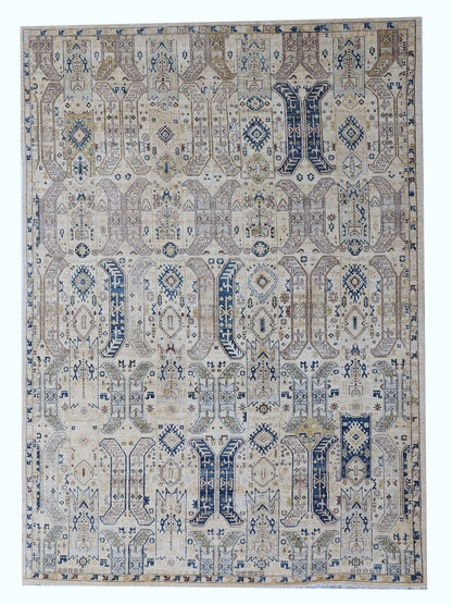 9x12 ft Oriental Area Rug, Beige Afghan Hand Knotted Wool Traditional Rectangle Carpet, Rugs For Living Room, Bedroom Rug, Dining Table Rug