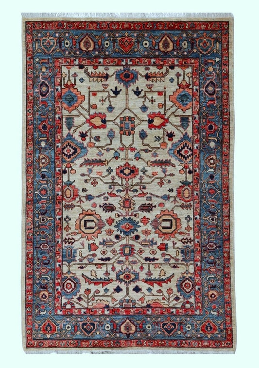 5x8 ft Bidjar Area Rug, Ivory Afghan Hand Knotted Wool Traditional Rectangle Carpet, Rugs For Living Room, Bedroom Rug, Dining Table Rug