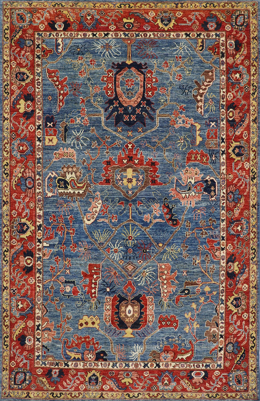 6x10 ft Floral Area Rug, Blue Red Afghan Hand Knotted Wool Traditional Rectangle Carpet, Rugs For Living Room, Bedroom Rug, Dining Table Rug