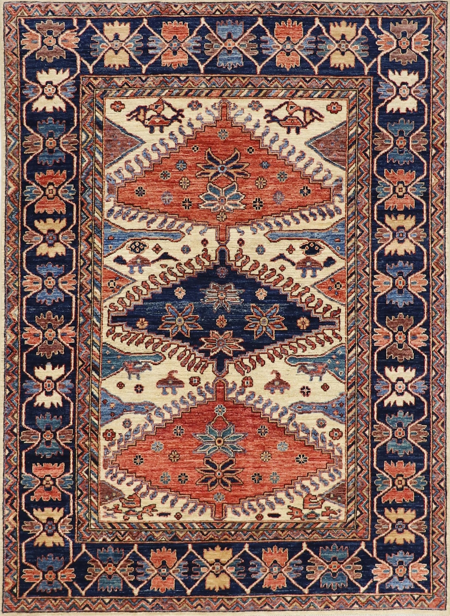 5x7 ft Oriental Area Rug, Blue Afghan Hand Knotted Wool Traditional Rectangle Carpet, Rugs For Living Room, Bedroom Rug, Dining Table Rug