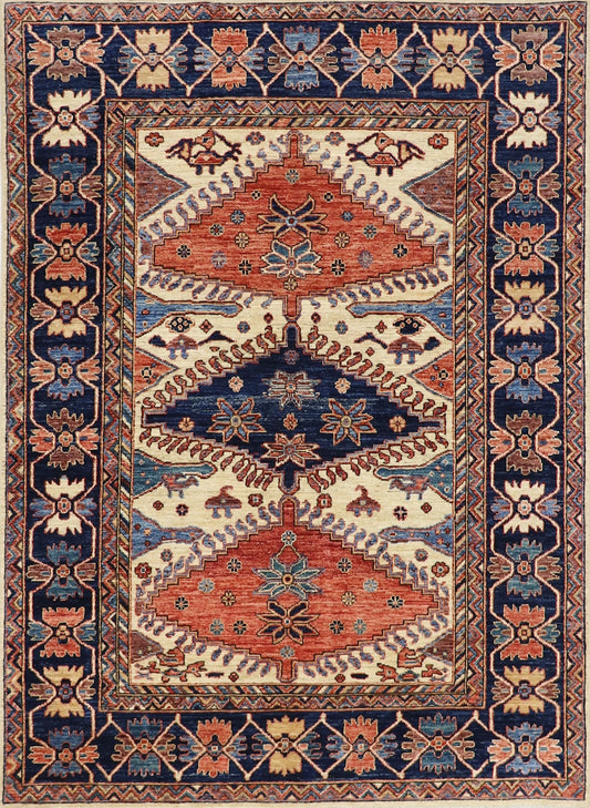 5x7 ft Oriental Area Rug, Blue Afghan Hand Knotted Wool Traditional Rectangle Carpet, Rugs For Living Room, Bedroom Rug, Dining Table Rug