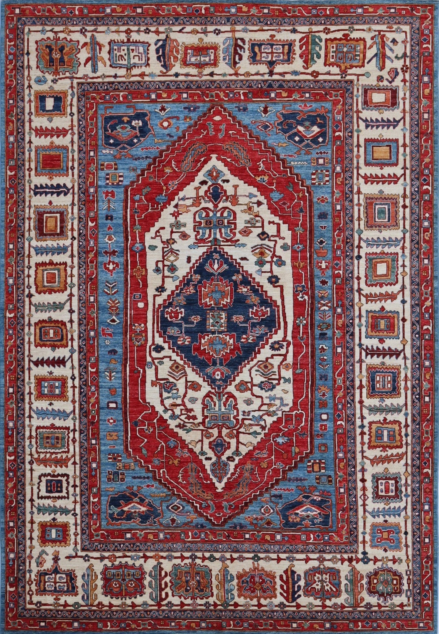 9x12 Ft Medallion Heriz Area Rug, Blue Afghan Hand Knotted Wool Traditional Rectangle Carpet, Living Room Rug, Bedroom Rug, Dining Table Rug