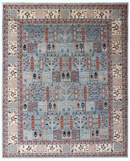 8x10 Ft Tree Print Area Rug, Blue Beige Afghan Hand Knotted Wool Tribal Rectangle Carpet, Rug For Living Room, Bedroom Rug, Dining Table Rug