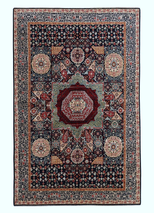 6x9 Ft Medallion Mamluk Area Rug, Blue Afghan Hand Knotted Wool Traditional Area Carpet, Rugs For Living Room, Bedroom Rug, Dining Table Rug