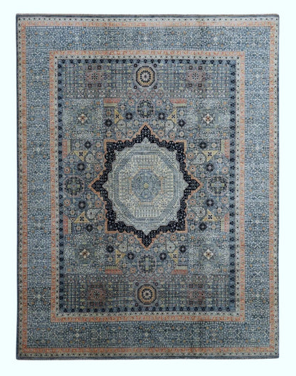 8x10 Ft Oriental Mamluk Area Rug, Blue Afghan Hand Knotted Wool Traditional Rectangle Carpet, Living Room Rug, Bedroom Rug, Dining Table Rug