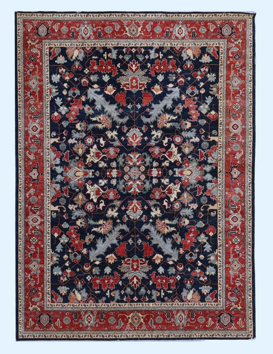 9x12 Ft Serapi Area Rug, Blue Afghan Hand Knotted Wool Traditional Carpet, Rugs For Living Room, Bedroom Rug, Dining Table Rug, Floral Rug