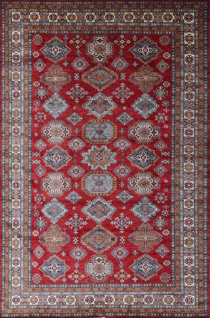 9x13 Ft Kazak Large Area Rug, Red Afghan Hand Knotted Wool Oriental Rectangle Carpet, Rugs For Living Room, Bedroom Rug, Dining Table Rug