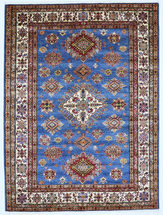 6x8 ft Kazak Area Rug, Blue Geometric Afghan Hand Knotted Wool Traditional Rectangle Carpet, Rugs For Living Room, Bedroom Rug, Dining Table