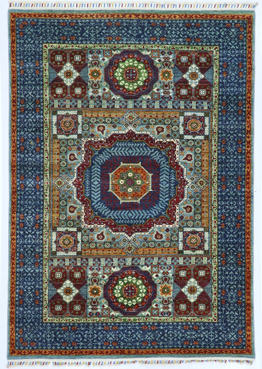 5x7 ft Turkish Mamluk Area Rug, Blue Hand Knotted Wool Traditional Carpet, Rug For Living Room, Bedroom Rug, Dining Table Rug, Medallion Rug