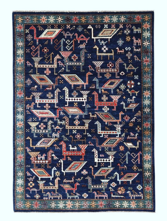 5x7 Ft Blue Animal Design Area Rug, Afghan Hand Knotted Wool Tribal Rectangle Area Carpet, Rugs For Living Room, Bedroom Rug, Kids Room Rug