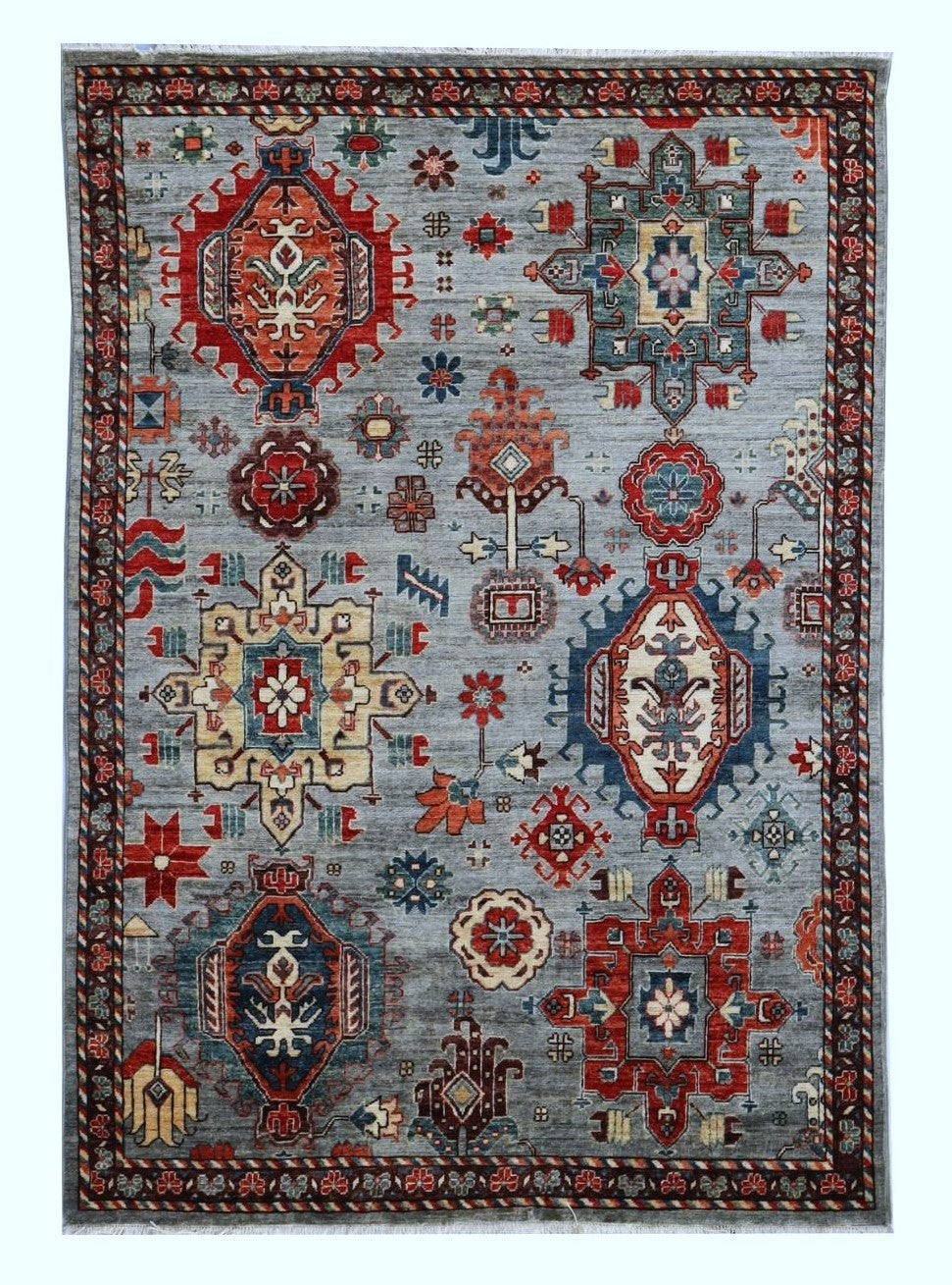 5x7 ft Bidjar Area Rug, Gray Afghan Hand Knotted Wool Geometric Carpet, Rugs For Living Room, Bedroom Rug, Dining Table Rug, Kitchen Rug