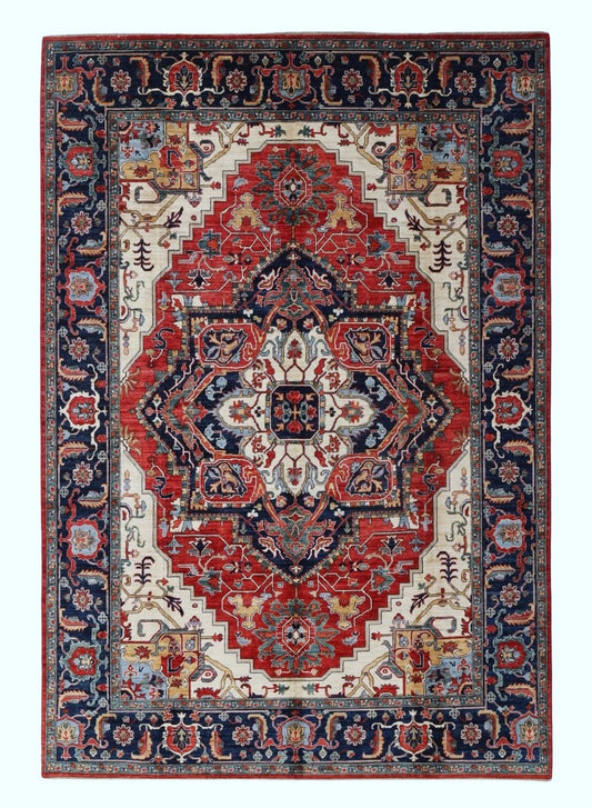 9x12 Ft Persian Style Heriz Large Area Rug, Red Afghan Hand Knotted Wool Traditional Rectangle Carpet, Rugs For Living Room, Bedroom Rug